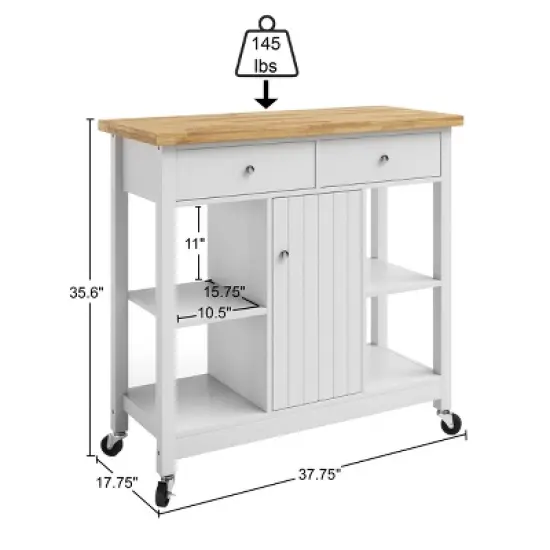 Kitchen Island with Drawers &ndash; Rolling Cart with Locking Casters &ndash; Use as Coffee Bar, Microwave Stand, or Shelves for Storage by Lavish Home (White) image {2}