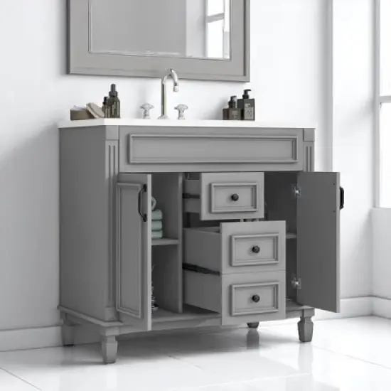 Mshliw 36 Inch Bathroom Vanity with Sink, Modern Freestanding Storage Cabinet with 2 Soft Closing Doors and 2 Drawers, Single Sink Bath Vanity(Blue) image {7}