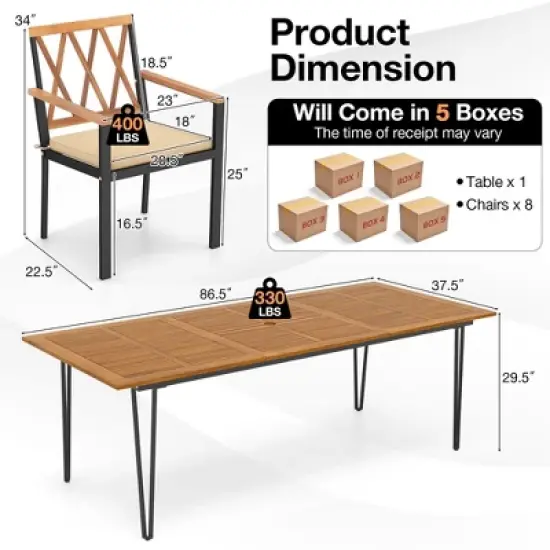 Tangkula 9 PCS Patio Dining Set w/ 8 Chairs Acacia Wood Table Top Umbrella Hole for Yard image {6}