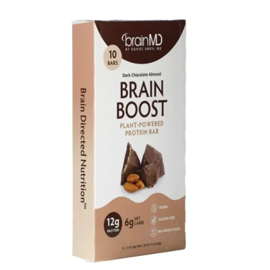 BrainMD Brain Boost, Plant-Powered Protein Bar, Dark Chocolate Almond, 10 Bars, 1.5 oz (50 g) Each image {4}