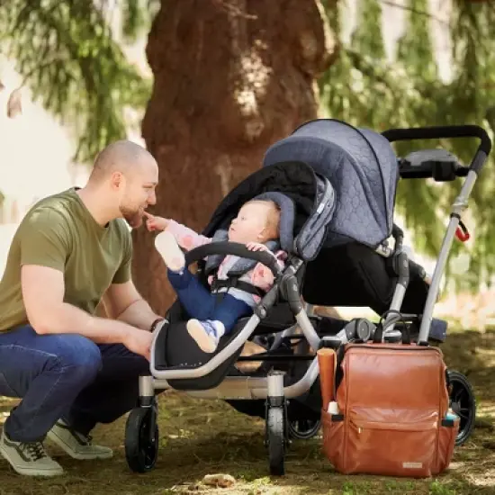 Hannah & Sophia Soho Large Traverse Baby Diaper Bag Backpack in Cognac, Water Resistant Changing Pad & Mini Mom Tote Included, Brown image {2}