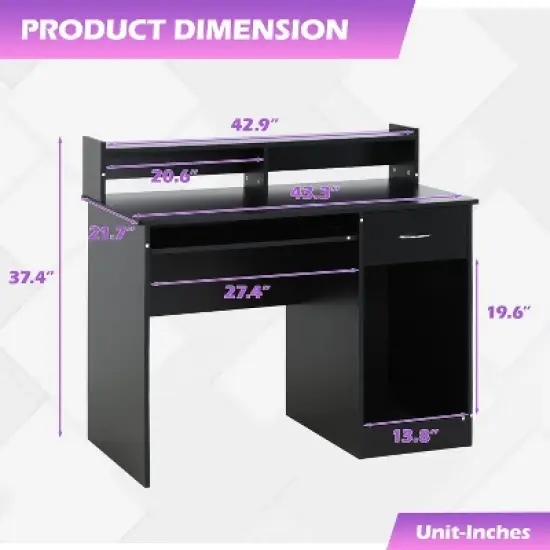 BestMassage 43 Inch Office Desk Computer Desk with Drewers Keyboard Tray CPU Stand Gamin Desk, Black image {6}