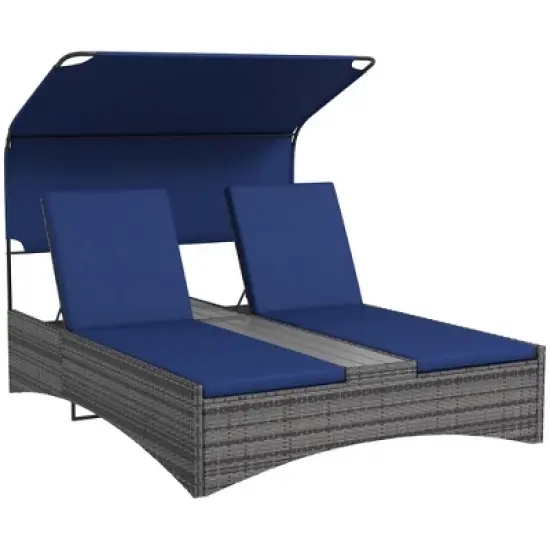 Resenkos Outdoor Elegance PE Rattan Double Chaise Lounge, Reclining Daybed With Canopy, Composite Wood-Plastic Middle Table, Dark Blue image {1}
