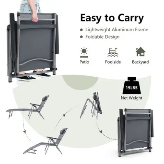 Costway Patio Folding Aluminum Lounge Chair Chaise Adjustable Back Armrest Headrest image {5}