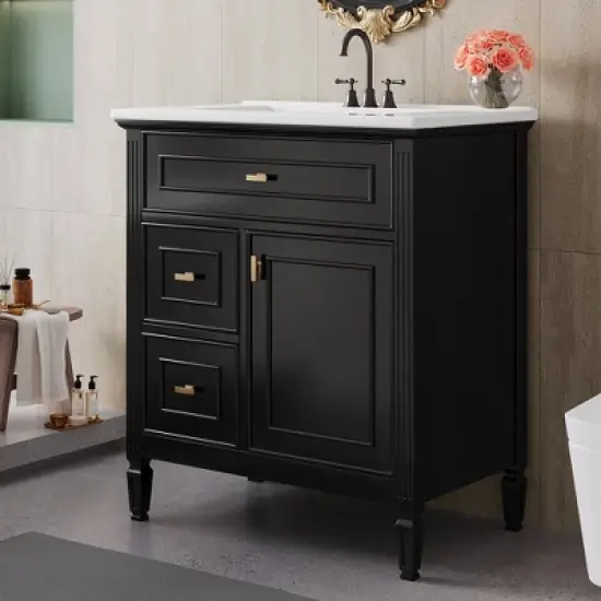TIRAMISUBEST 30" Bathroom Vanity with Ceramic Sink, Bathroom Cabinet with A Long Flip Drawer, Door Shelf & Adjustable Shelf image {2}