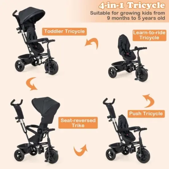 Babyjoy 4-in-1 Multifunctional Tricycle Kids Trike with Removable Canopy & Push Handle Black/Gray/Pink image {6}