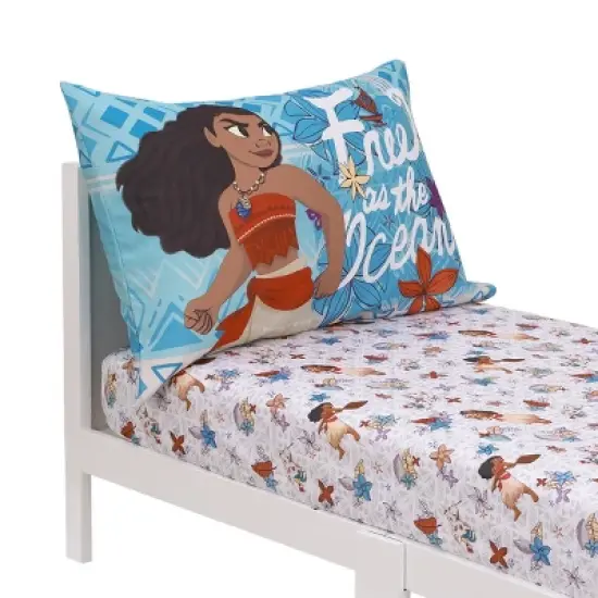 Disney Moana Free as the Ocean Aqua, Purple, Orange, and White Tropical 2 Piece Toddler Sheet Set - Fitted Bottom Sheet and Reversible Pillowcase image {2}