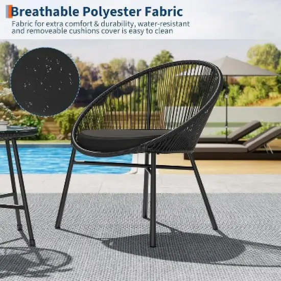 3 Pieces Outdoor Acapulco Chair Patio Bistro Set with Glass Top Table, Modern Patio Conversation Chairs Set of 2 for Balcony, Garden, Backyard image {6}