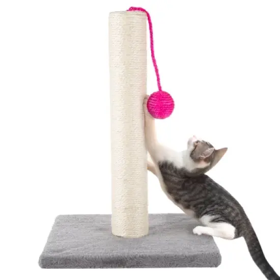 17-Inch Cat Scratching Post - Sisal Rope and Carpet Scratching Pole with Bright Pink Hanging Ball Toy for Adult Cats and Kittens by PETMAKER (Gray) image {3}