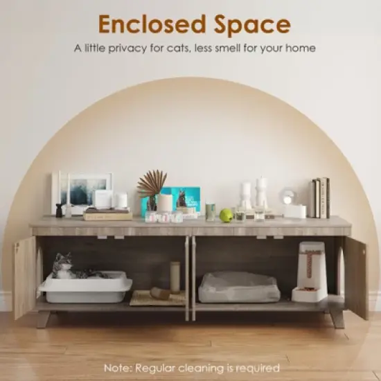 FURNIinspire Pet Crates and Houses Double Large Hidden Cat Litter Box Enclosure Furniture Cabinet with Rattan Doors, Brown, 57.9"*19.7"*19.7" image {2}