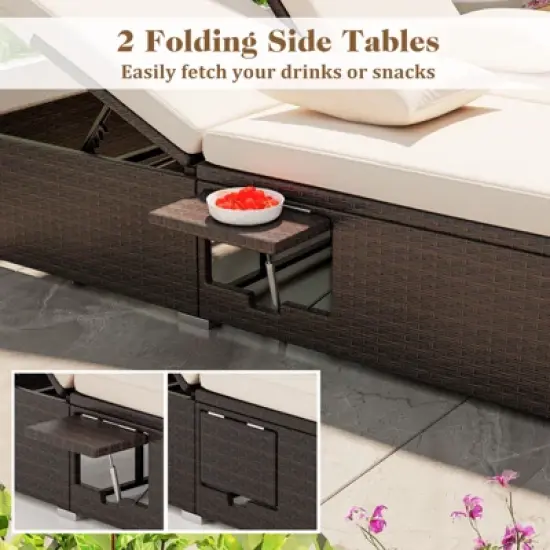 Tangkula Patio Double Chaise Lounge 6 Position Adjustable Wicker Recliner Bed with Cushions & Folding Side Trays image {6}