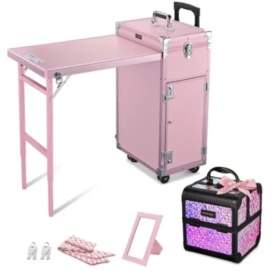 Byootique Rolling Nail Table Kit w/ Makeup Case Cosmetic Organizer Aluminum Pink image {9}