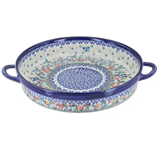 Blue Rose Polish Pottery 182 Vena large Round Baker with Handles image {2}