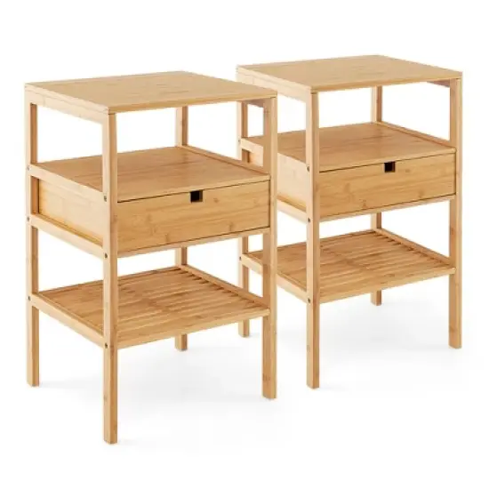 Tangkula Bamboo Nightstands Set of 2 w/ Pull-out Drawer and Storage Shelf Wood Natural image {9}