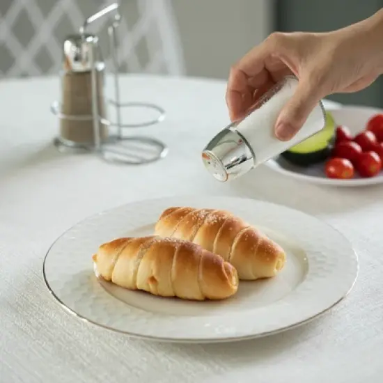 Basicwise Glass Salt & Pepper Shaker Set with Stainless Steel Holder - Perfect for Kitchen Counters, Kitchen & Dining Tables, and Restaurants image {2}