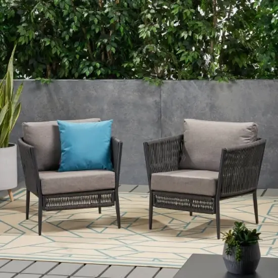 Handford 2pk Aluminum & Rope Club Chair Black/Gray: Weather-Resistant Patio Accent Chairs - Christopher Knight Home image {1}