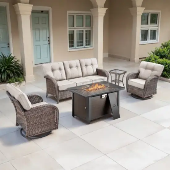 Belord Furniture Patio Set with 43" Propane Fire Pit Table, Patio Furniture Set with Sofa, 2 Swivel Patio Chairs, Accent End Table, and Fire Pit Table image {2}