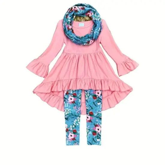 Girls Flawless Hi-Lo Ruffle Tunic, Floral Leggings & Scarf Set - Mia Belle Girls image {1}
