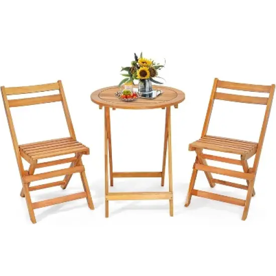 Tangkula 3PCS Folding Bistro Set Solid Acacia Wood Table & Chairs Slatted Tabletop Patio image {9}