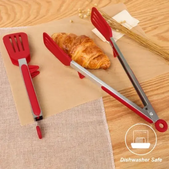 Unique Bargains Kitchen Cooking Set Stainless Steel with Stands Silicone Tongs Burgundy 9"&12" 2 Pcs image {4}