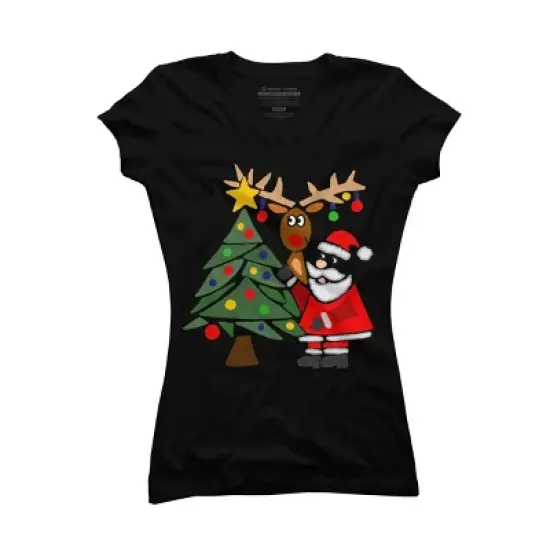 Junior's Design By Humans Funny Cute Santa Claus and Christmas Reindeer by Tree By SmileToday T-Shirt image {3}