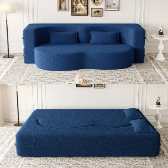 Modern Floor Sofa with 2 Pillows, Convertible Teddy Fabric Full-Size Folding Sofa Bed, 15" Foam Mattress for Living Room, Guest Bed, Playroom image {14}