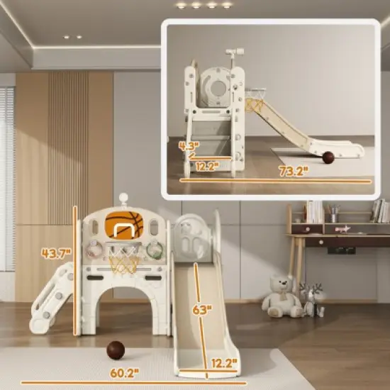 INFURNIC Baby Activity Gyms, Toddler Slide Playset with Basketball Hoop and Telescope, Indoor Playground for Kids, Beige, 60.2"*73.2"*43.7" image {3}