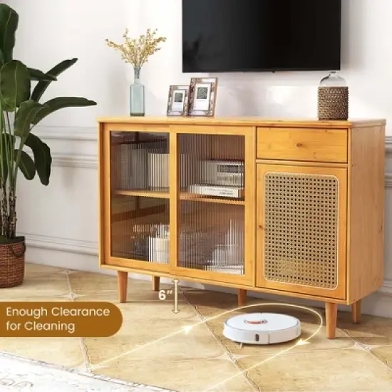 Costway Buffet Sideboard Cabinet Rattan Console Table with Sliding Doors Storage Drawer image {5}