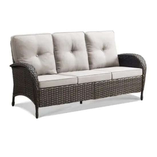 Buenhomino Outdoor Patio Furniture - Wicker Sofa with Removable Cushion, 3 Seater Rattan Couch with Deep Seat, High Backrest for Balcony, Backyard image {6}