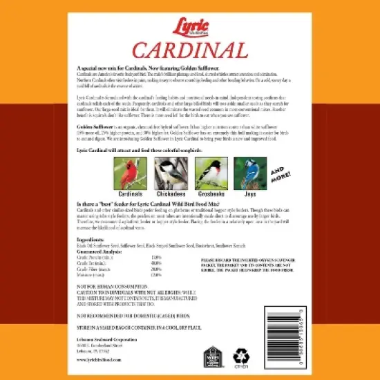 Lyric 18lb Cardinal Sunflower & Safflower Premium Wild Bird Food: Attracts Songbirds, For All Feeders image {1}