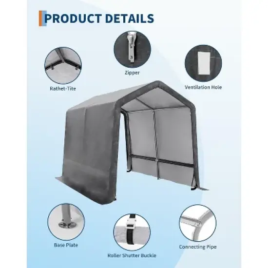 Acekool 7x12FT Outdoor Portable Storage Shed, Roll-Up Door, Heavy-Duty Waterproof PE Tarp, UV-Resistant Shelter for Tools, Garden, Motorcycles, Gray image {4}