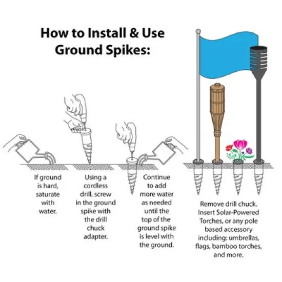 Solar Torch & Ground Spike Kit &ndash; 2-Pack with Adjustable Height & Drill Chuck image {2}