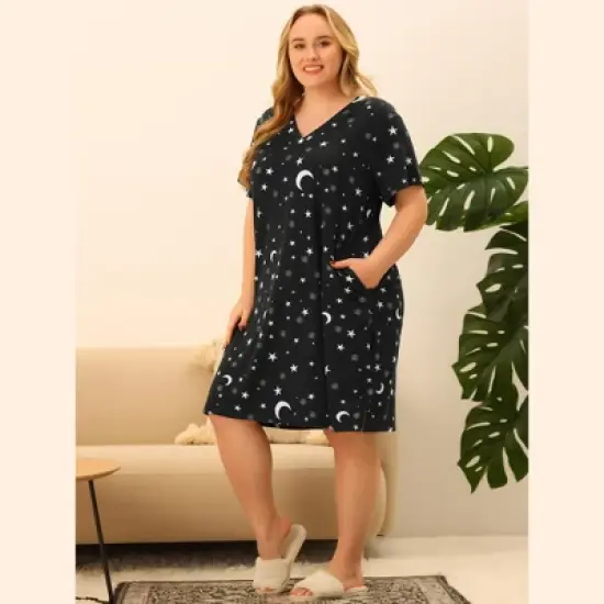 Agnes Orinda Women's Plus Size Comfort Pajamas Star Moon Pattern V Neck Short Sleeve Nightgown image {2}