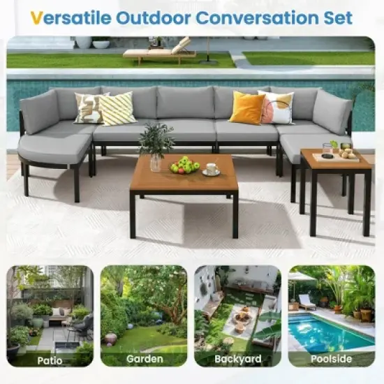 6-Piece Outdoor Patio Sectional Sofa Set with WPC Coffee Table, Side Table, Water-Resistant Cushions,outdoor Conversation Set image {3}