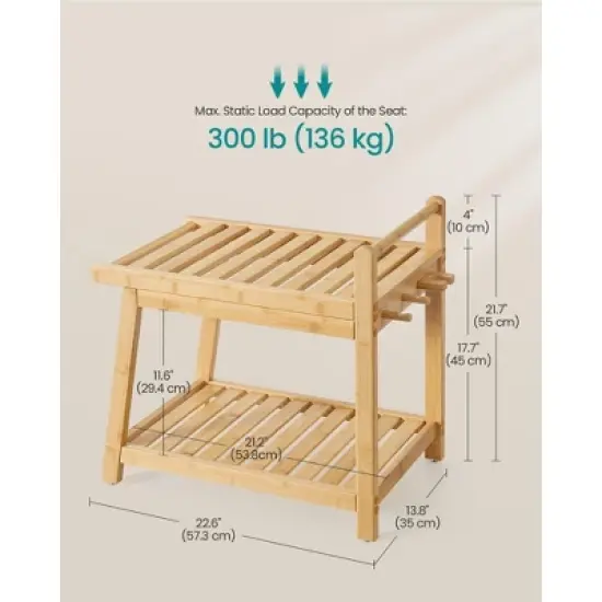 SONGMICS Bamboo Shower Bench with Storage Shelf, Water Resistant Shower Stool with Handle and Hooks, Shower Head Holder, Non-Slip Feet, Natural Beige image {4}