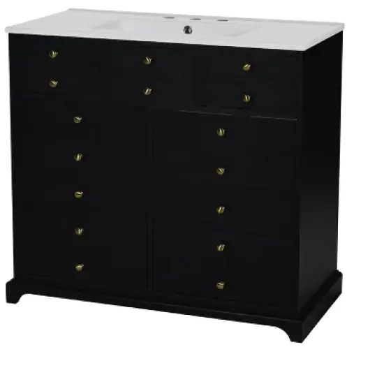 Okak 36" Modern Vanity Set, Solid Wood Cabinet with Ceramic Sink & Soft Closing Doors, Water-Resistant Finish for Small Bathrooms & Apartments image {3}