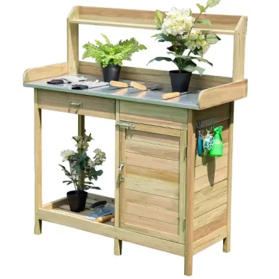 Costway Outdoor Potting Bench Garden Wooden Work Station Metal Tabletop Cabinet Drawer image {10}