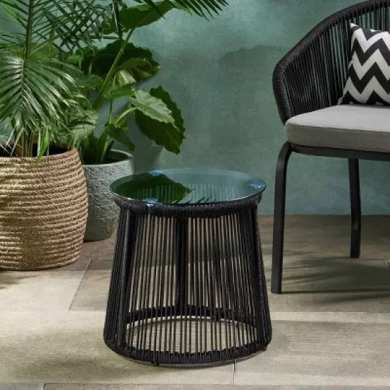 Outdoor Side Table with Tempered Glass Top,Rope Woven Accent Table for Patio or Balcony,Round Patio Side Table with Metal Frame-Coolbibila image {2}
