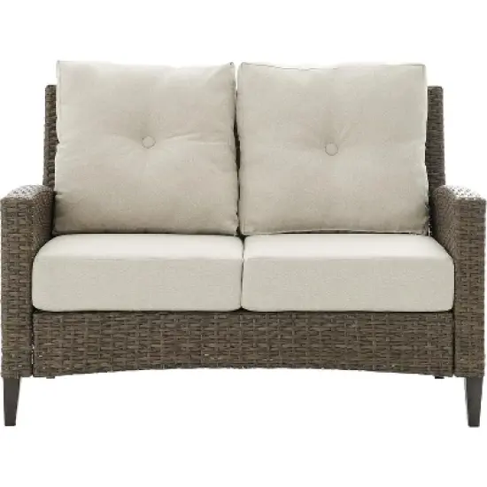 HomeStock Rockport Outdoor Wicker High Back Loveseat Oatmeal/Light Brown image {3}