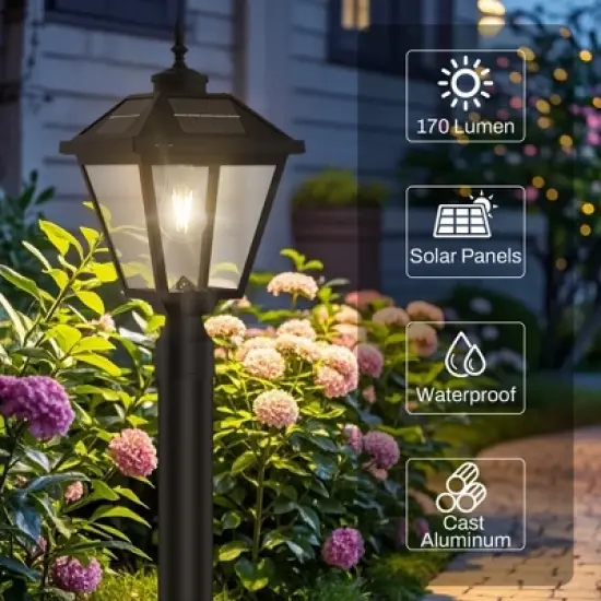 22 in. Black Outdoor Clear Glass Solar Post Light with Pier Mount Base image {3}