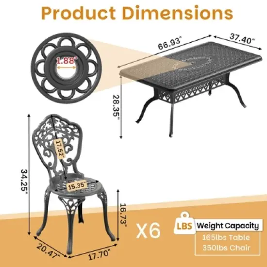 7-Piece Patio Set: Rectangle Table & 6 Chairs - Cast Aluminum, All-Weather w/  Umbrella Hole & Adjustable Legs for Balcony/Backyard image {3}
