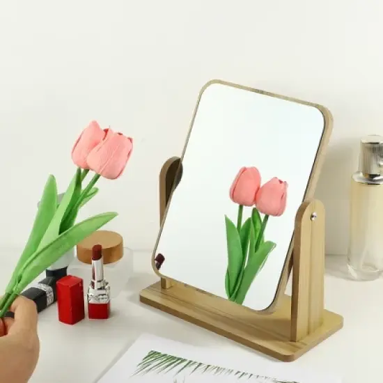 Unique Bargains Natural Wooden Rotating Makeup Mirror Beige 1 Pc image {1}