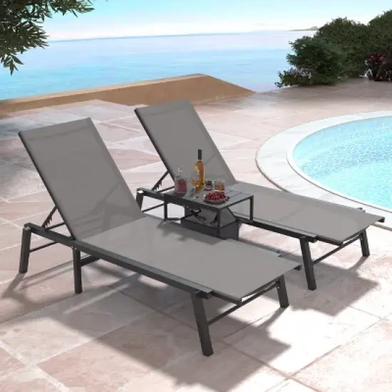 Brafabhome Patio Chaise Lounge with 5-Postion Adjustable Backrest, Aluminum Pool Loungers with Side Table & Insulated Cooler Bag for Poolside Garden image {8}