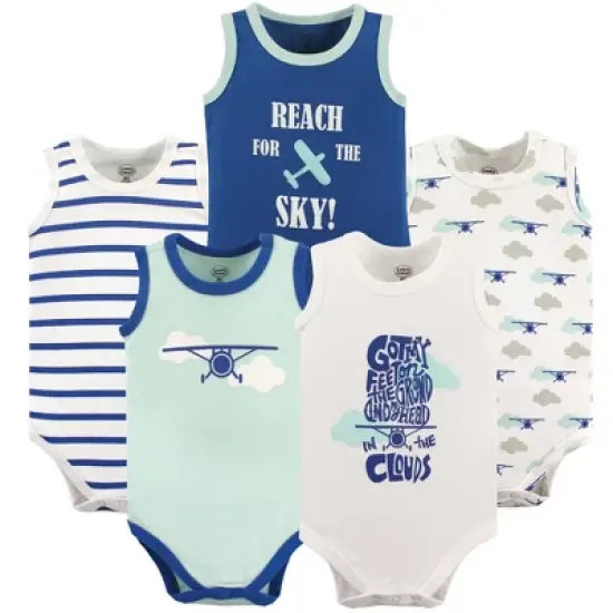 Luvable Friends Baby Boy Cotton Sleeveless Bodysuits 5pk, Airplane image {3}