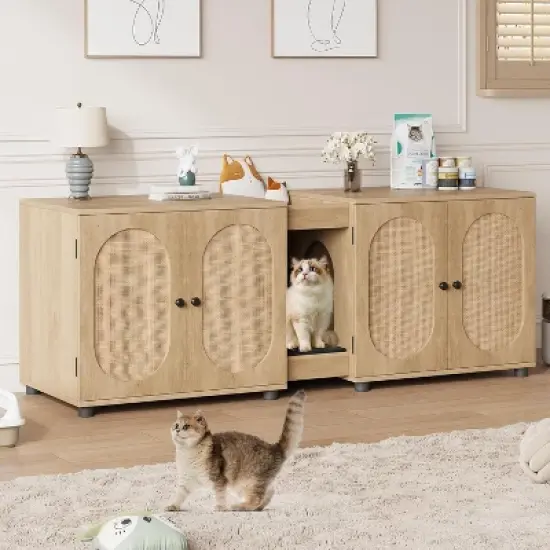 55.1" Double Cat Litter Box Enclosure with Rattan Doors - Hidden Cabinet for 2 Cats, Odor Control & Litter Mat image {6}