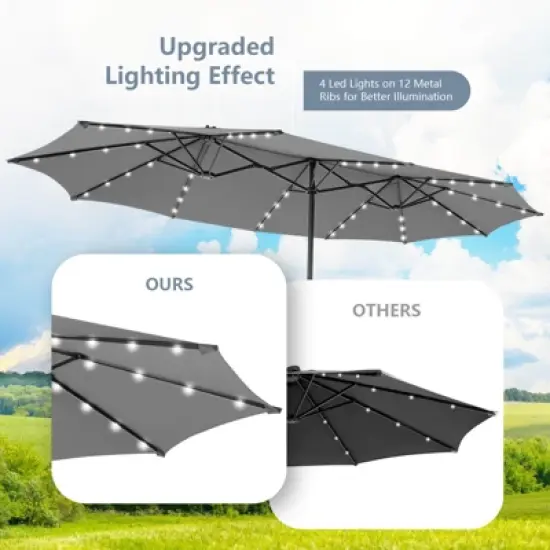 Costway 15 FT Twin Patio Double-Sided Umbrella 48 Solar LED Lights Crank Outdoor Gray image {5}