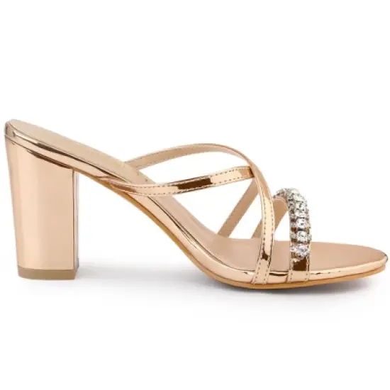 Allegra K Women's Crisscross Strap Rhinestone Block Heel Slide Sandals image {6}