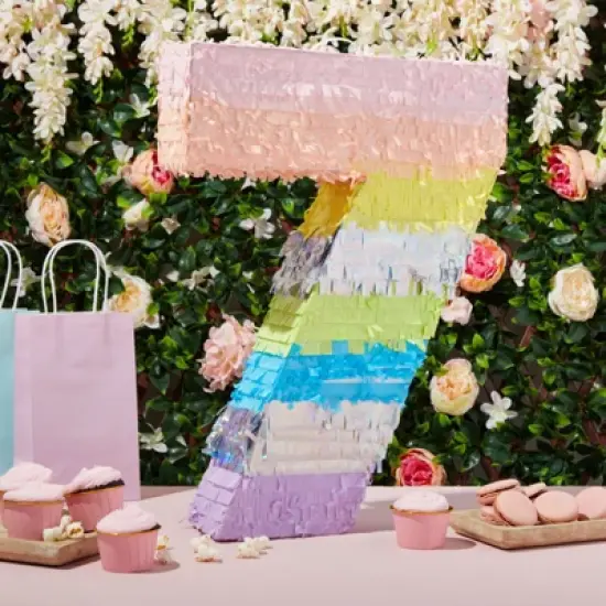 Blue Panda Large Number 7 Pinata for Kids 7th Birthday Party Decorations, Rainbow Pastel, 21 x 15 In image {1}