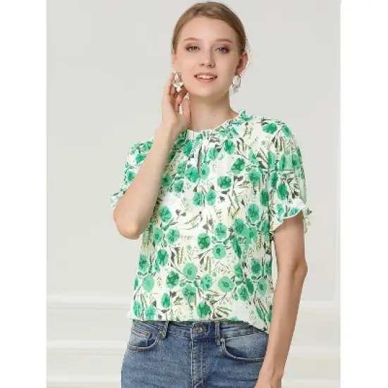 Allegra K Women's Floral Ruffled Short Sleeve Mock Neck Blouses image {1}