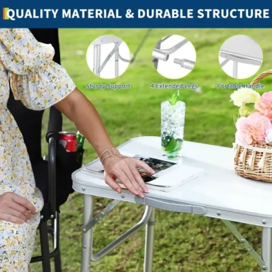 Small Folding Table, Adjustable Height Aluminum Frame Foldable Camping Table with Carrying Handle image {4}